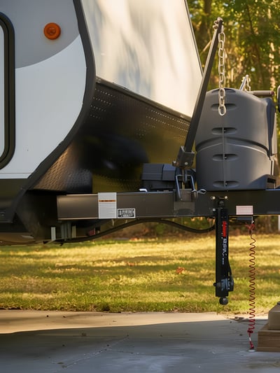 a man hitching a travel trailer to his pickup truck as he goes through his rv setup checklist